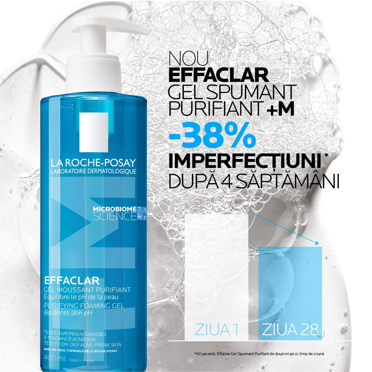 Gel spumant de curatare purifiant pentru ten gras cu tendinta acneica Effaclar +M, 400ml, La Roche-Posay
