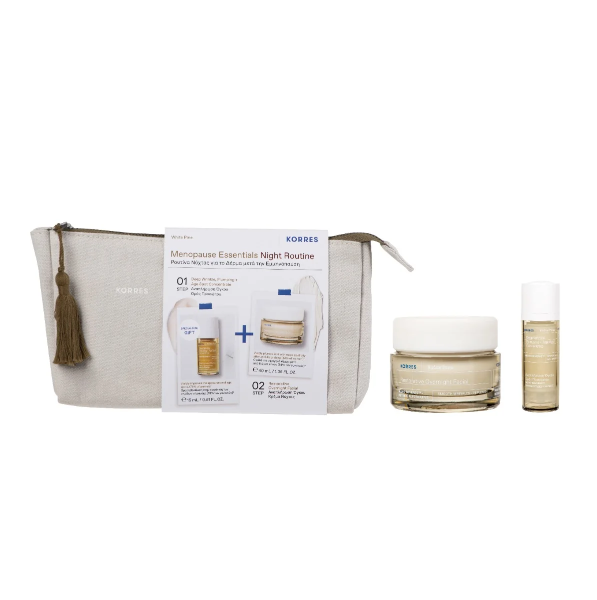 Pachet Crema de noapte 40ml + Ser concentrat 15ml + Pouch White Pine, Korres
