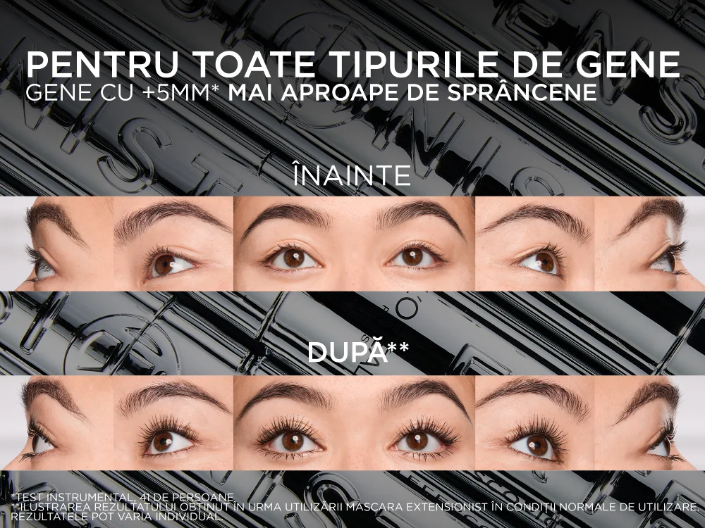 Comparatie inainte si dupa aplicarea mascarei, cu gene vizibil alungite si curbate. Comparatie inainte si dupa aplicarea mascarei, cu gene vizibil alungite si curbate.