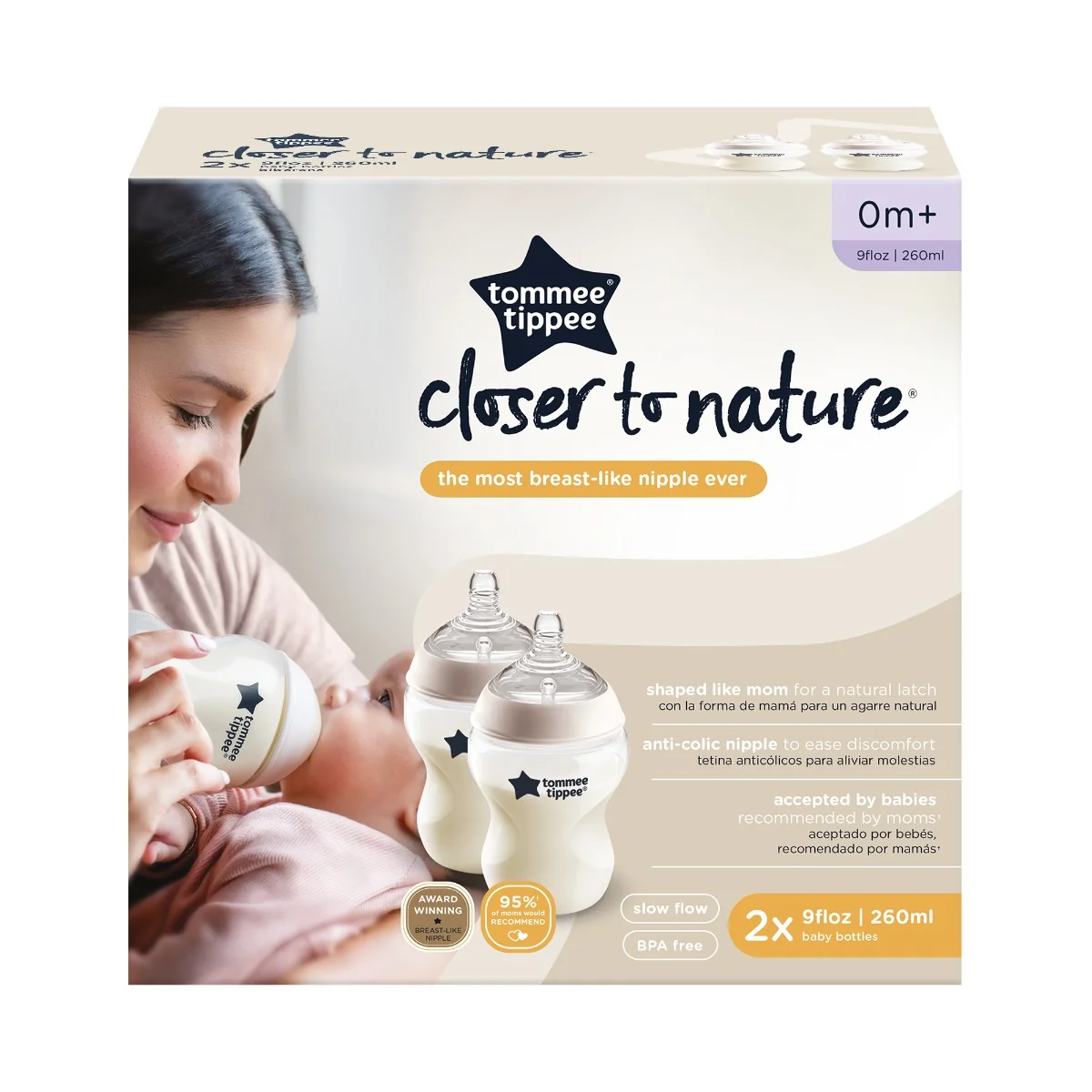Set 2 biberoane PP tetina silicon 0 luni + Closer to Nature, 2 x 260ml, Tommee Tippee