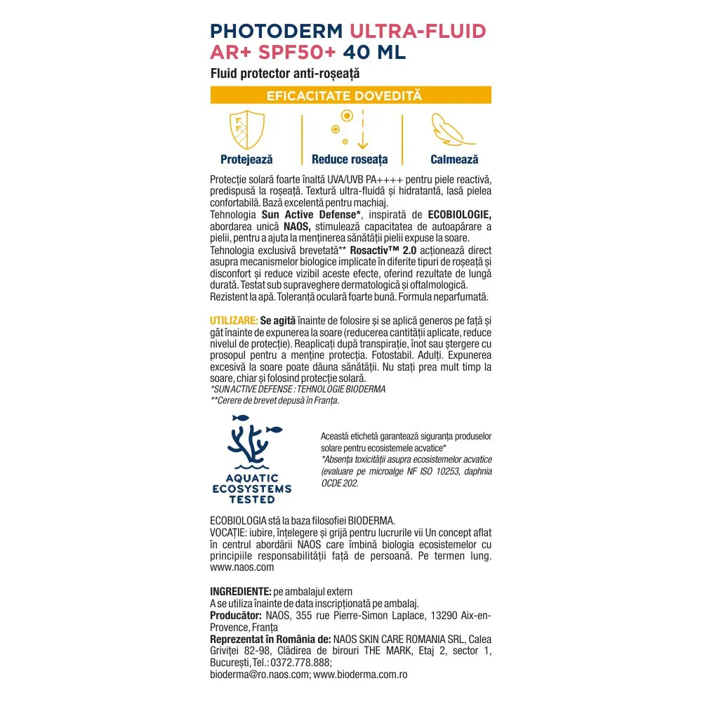 Fluid cu protectie solara SPF50+ Photoderm Ultra AR+, 40ml, Bioderma