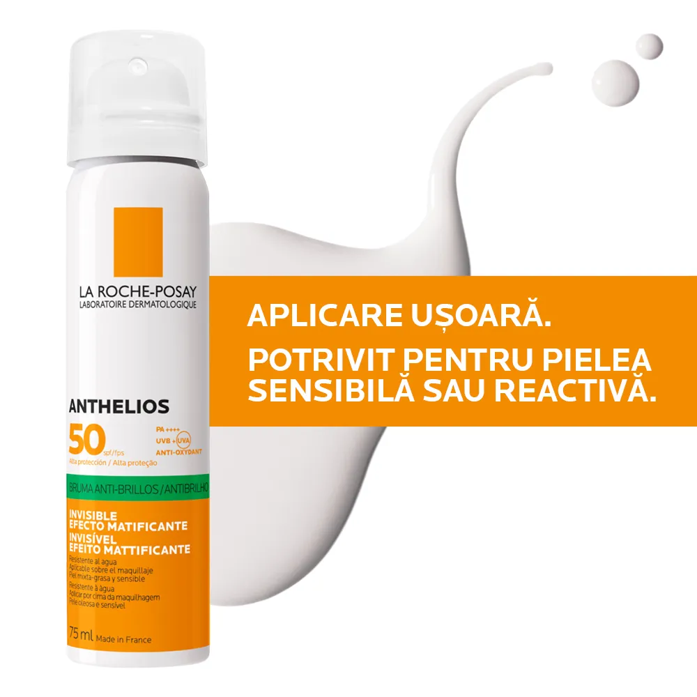 Spray invizibil matifiant cu protectie solara SPF 50 pentru ten gras si sensibil Anthelios, 75ml, La Roche-Posay 