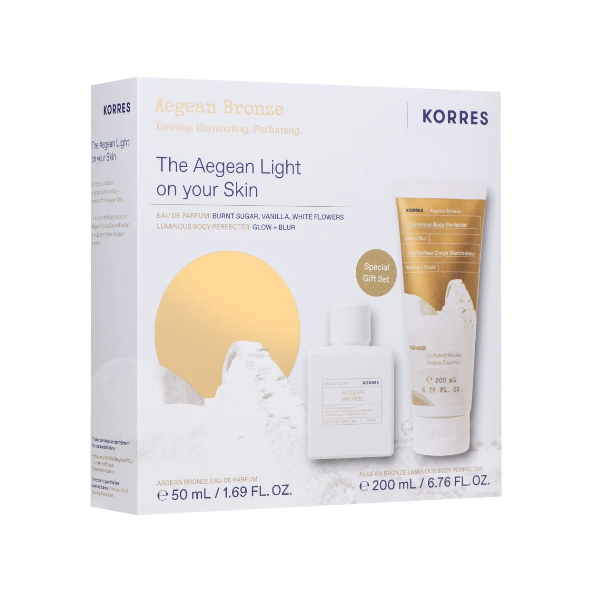 Pachet Aegean Bronze Apa de parfum 50ml + Spuma autobronzanta iluminatoare 200ml, Korres