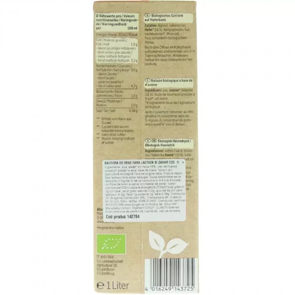 Bautura ecologica din ovaz fara lactoza, 1l, Allos