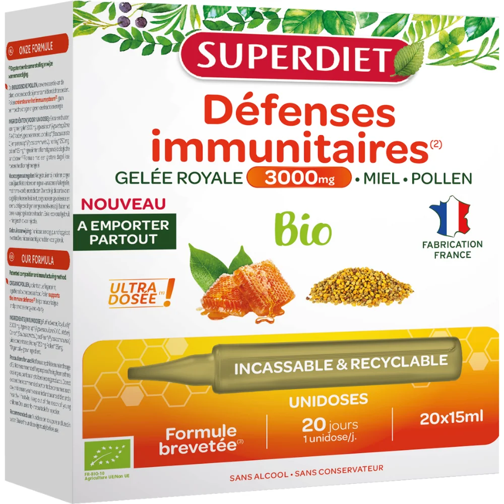 Laptisor de matca Gelee Royale 3000mg Bio, 15ml x 20 fiole reciclabile, Superdiet 