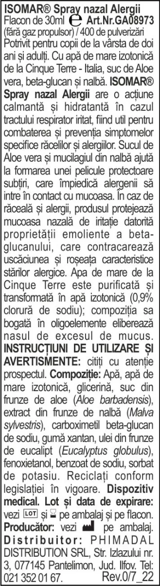 Spray nazal impotriva alergiilor Isomar 24+, 30ml, Euritalia