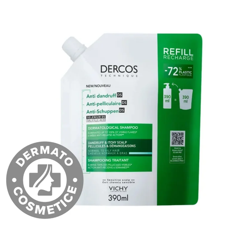Rezerva Eco Sampon anti-matreata pentru par normal si gras Dercos, 390ml