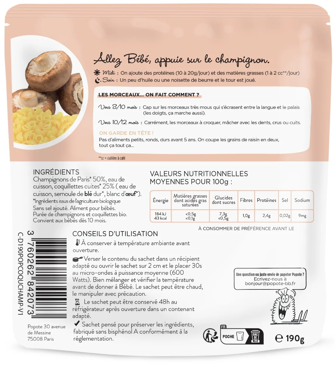 Mancare cu ciuperci si paste 10 luni+ Bio, 190g, Popote
