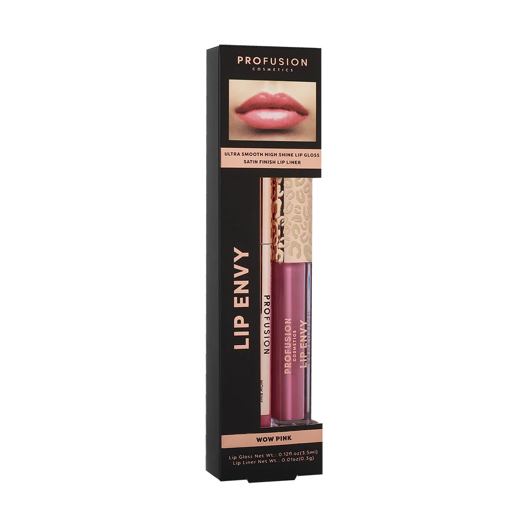 Set Luciu de buze ultra neted si lucios 3.5ml + Creion pentru buze cu finish satinat 0.3g Lip Envy Wow Pink, Profusion Cosmetics