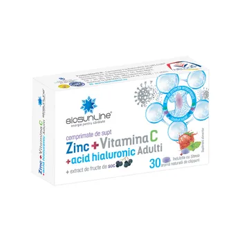 Zinc + Vitamina C + Acid Hialuronic pentru adulti, 30 comprimate de supt, BioSunLine 