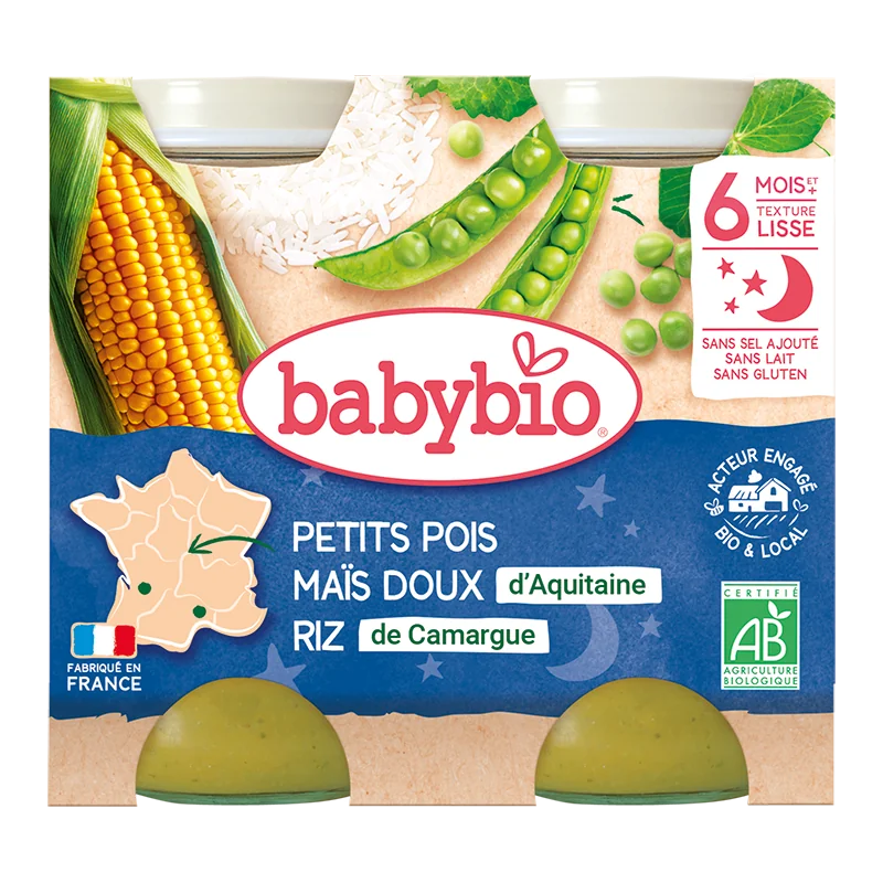 Piure de mazare, porumb dulce si orez Bio, 2 x 200g, BabyBio