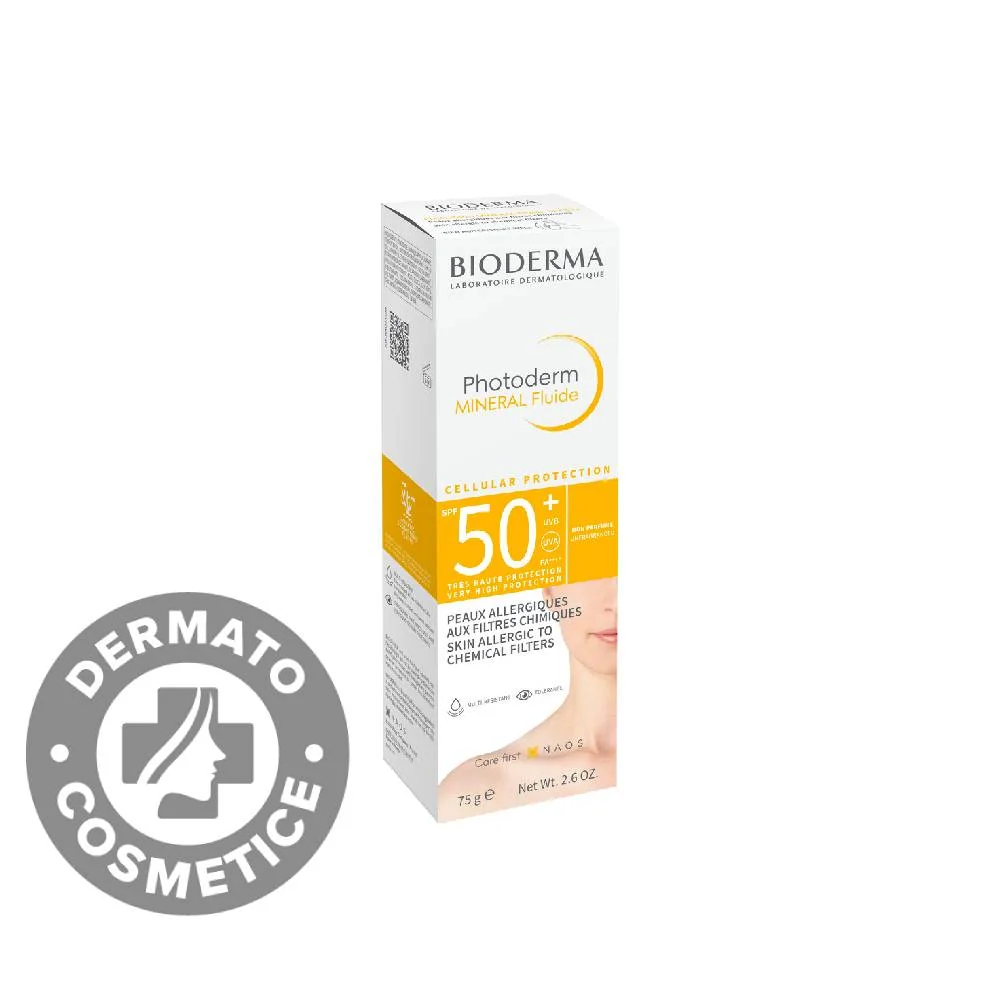Protectie solara pentru pielea alergica la filtre chimice Photoderm Mineral Fluide, 75g, Bioderma