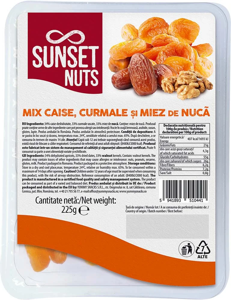 Mix miez de nuca, caise si curmale, 225g, Sunset Nuts