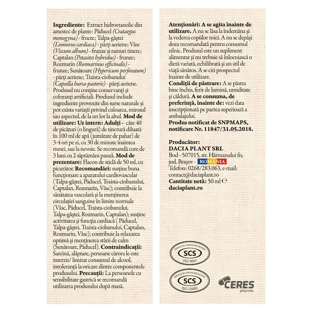 Tinctura pentru reglarea tensiunii HerboTensin, 50ml, Dacia Plant