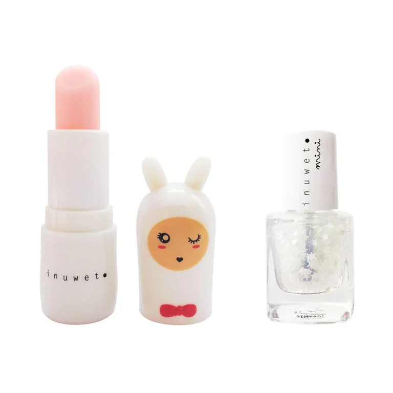 Set pentru copii Balsam de buze cu parfum de vata de zahar 3.5g + Oja pe baza de apa fara parfum cu stelute 3ml, Inuwet