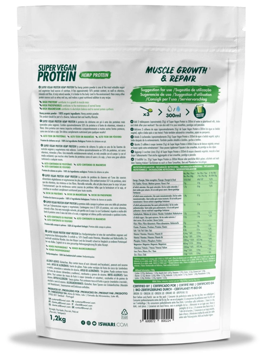 Proteina Super Vegana bio din canepa, 1200g, Iswari