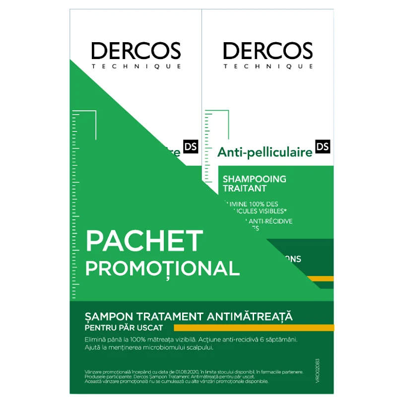 Pachet Sampon anti-matreata pentru scalp uscat Dercos 1 + 50% reducere la al doilea produs, 2 x 200ml, Vichy