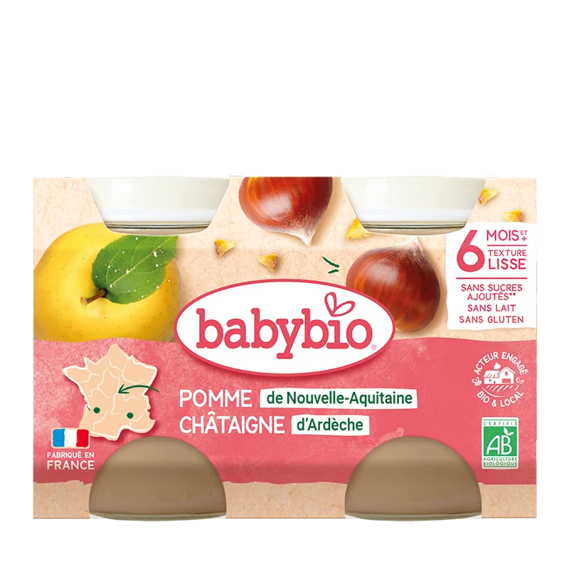 Piure de mere si castane Bio, 2 x 130g, BabyBio