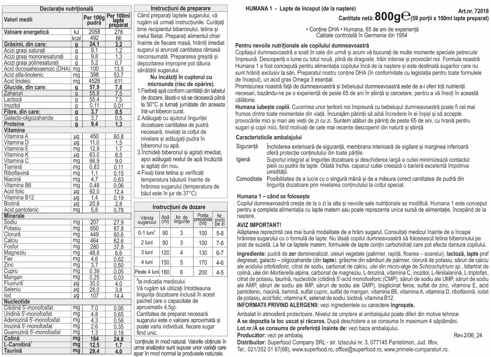 Formula de lapte de inceput 1 pentru +0 luni, 800g, Humana