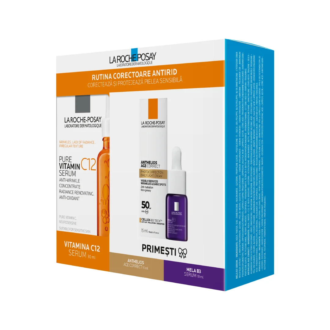 Pachet Vitamina C12 Serum 30ml + Anthelios Age Correct SPF50 15ml + Mela B3 Serum 10ml, La Roche-Posay