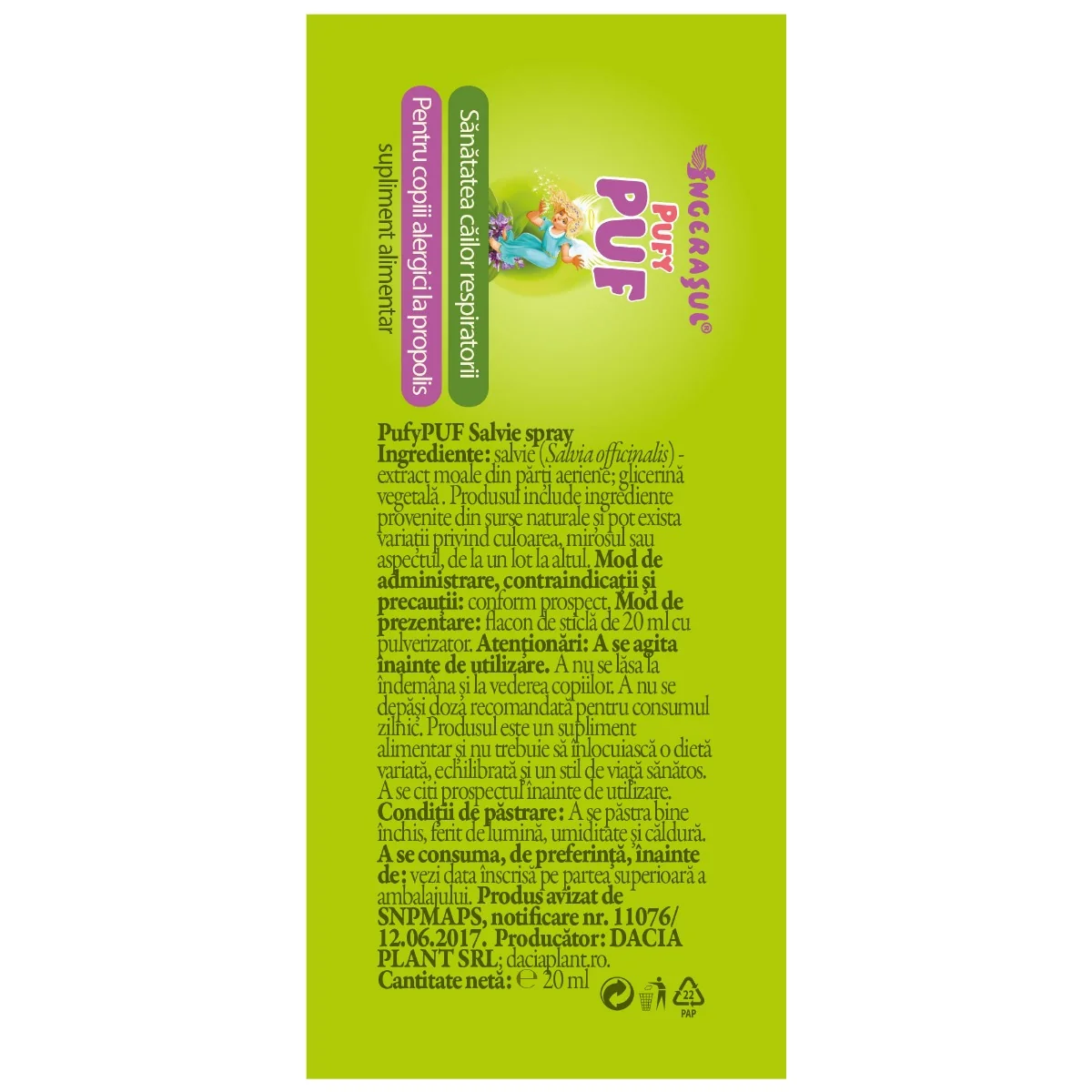 PufyPuf spray salvie, 20 ml, Dacia Plant