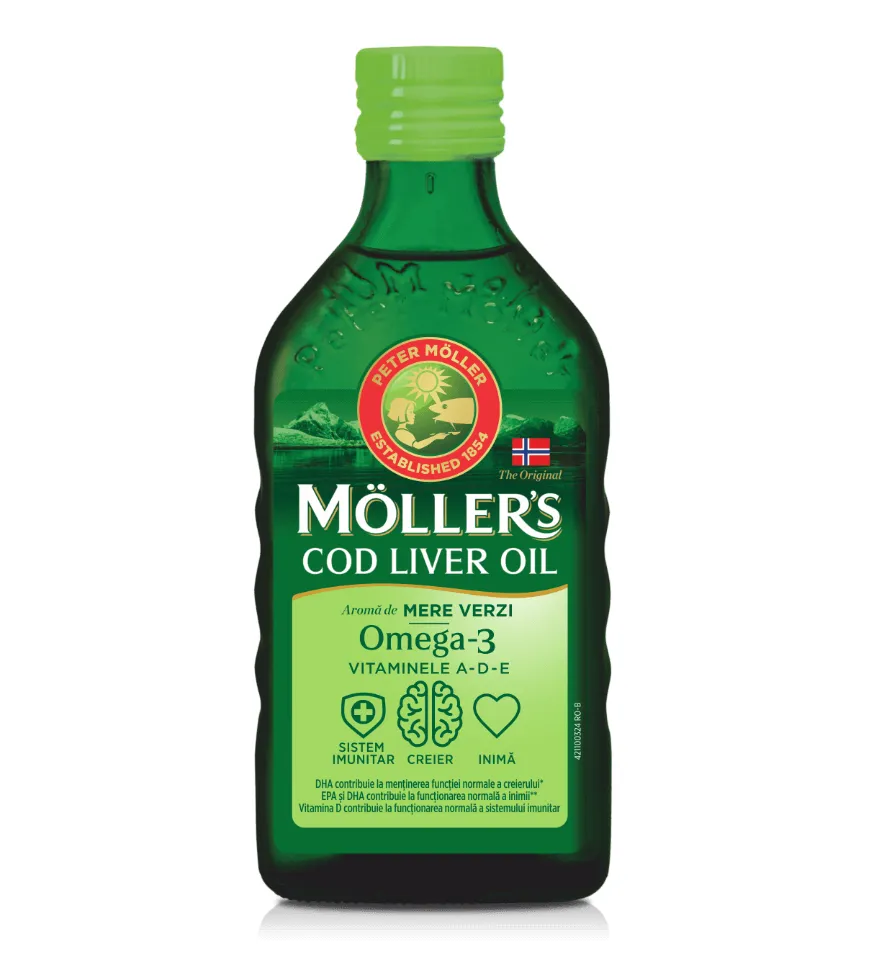 Ulei din ficat de cod cu aroma de mere verzi, 250ml, Moller's