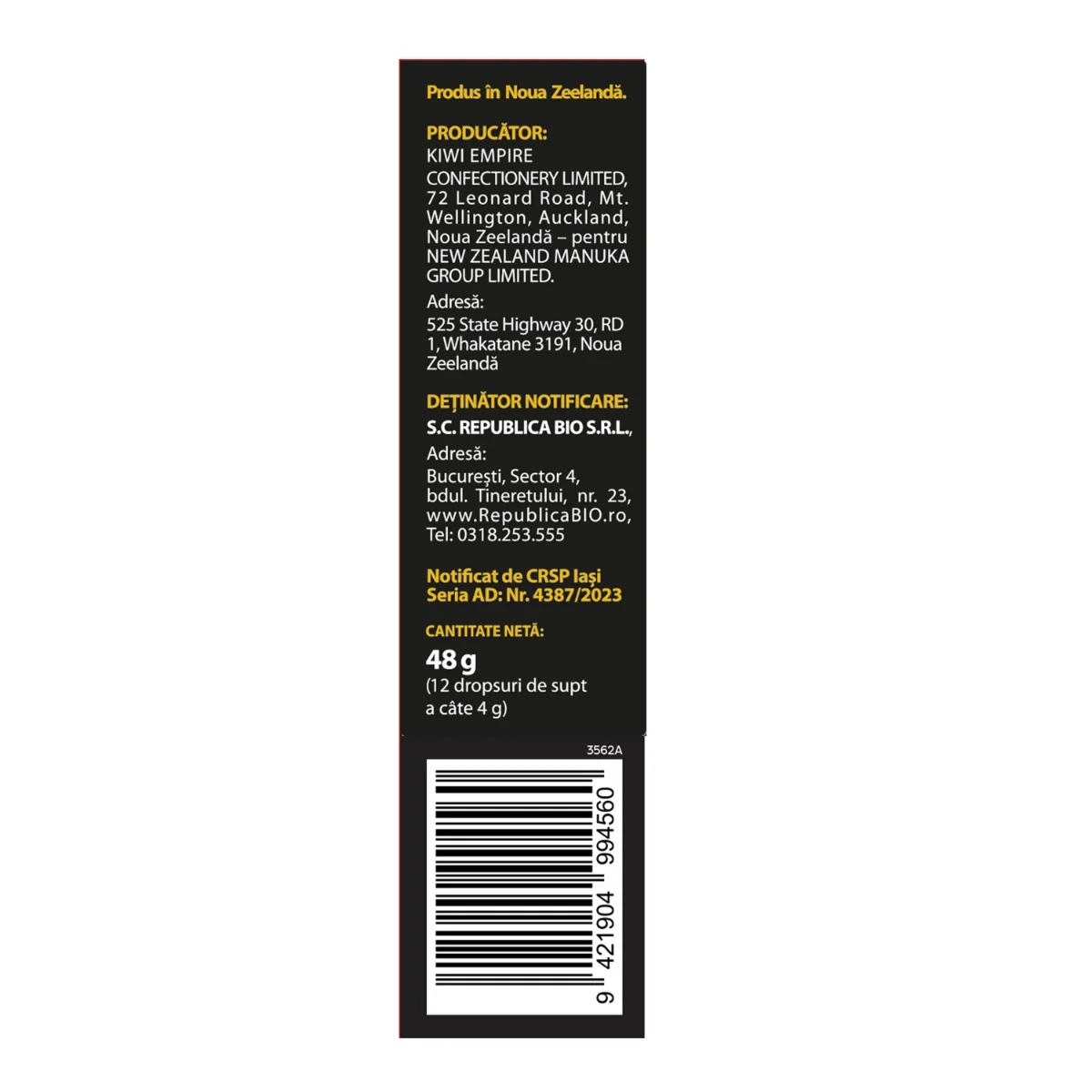 Dropsuri din miere de manuka cu coacaze negre si propolis, 12 bucati, Melora