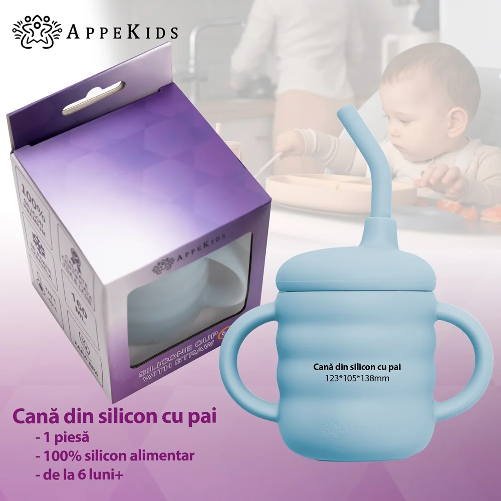 Cana din silicon cu pai Aqua Blue 6 luni+, 1 bucata, Appekids