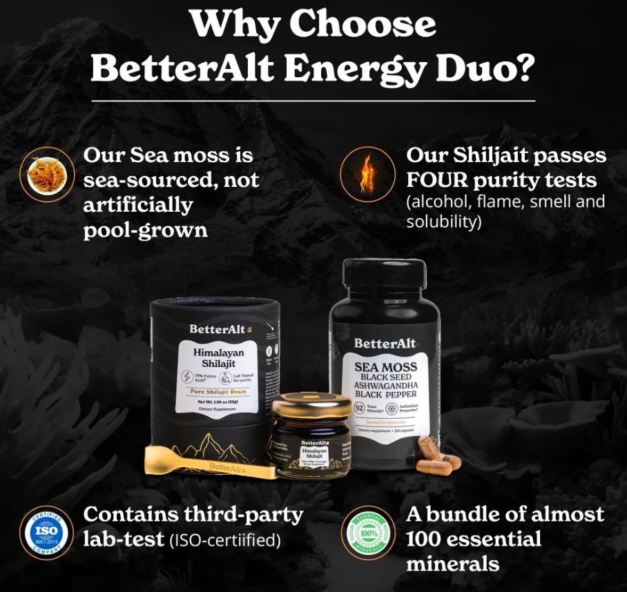 BetterAlt® Shilajit Sea Moss cu Alge Marine Ashwagandha si Tongkat Ali, 120 capsule, GNC