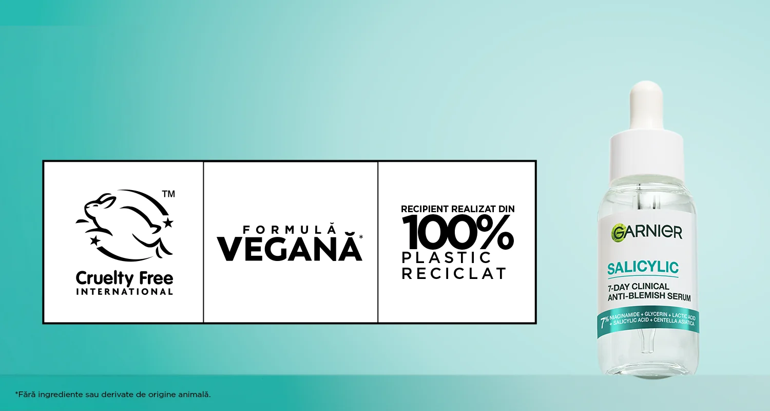 Ser Garnier cu formula vegana, cruelty free, in recipient realizat din plastic 100% reciclat. Ser Garnier cu formula vegana, cruelty free, in recipient realizat din plastic 100% reciclat.