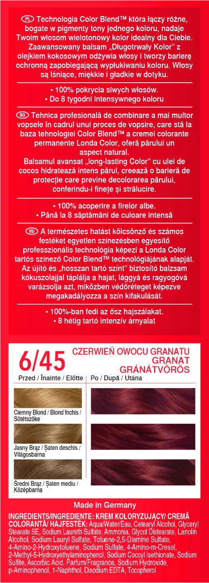 Vopsea de par permanenta 6/45 Rosu Granat, 110ml, Londa