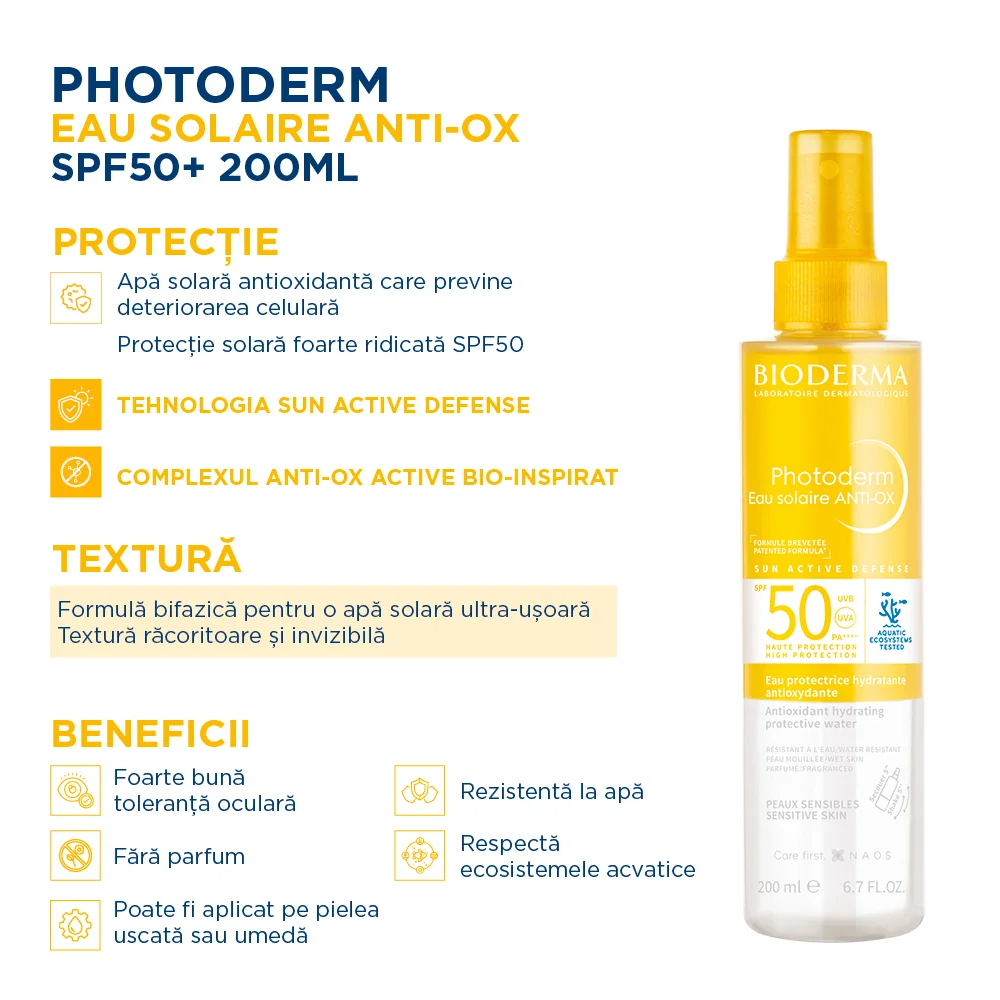 Apa de protectie solara antioxidanta SPF50 Photoderm Anti-OX, 200ml, Bioderma