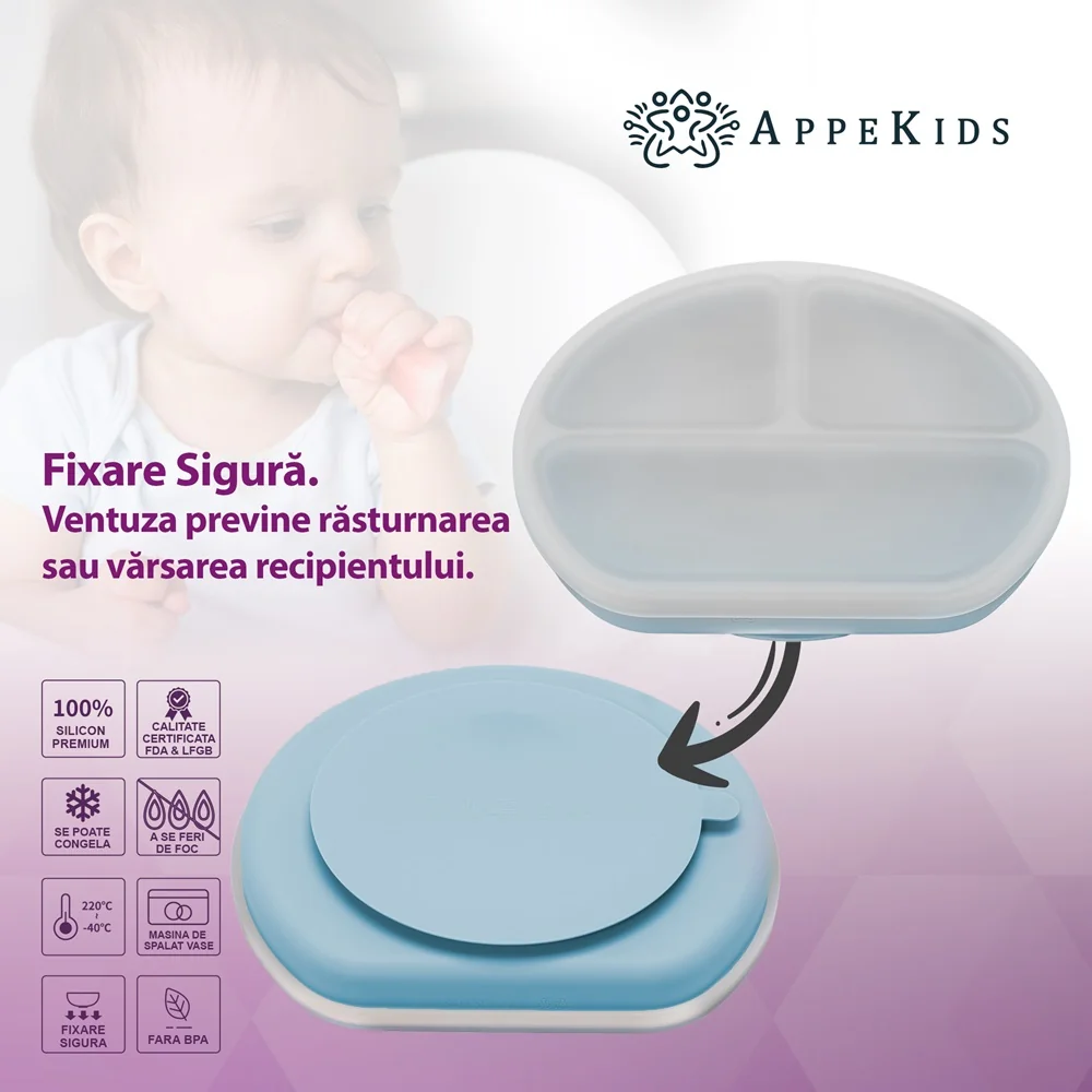 Farfurie compartimentata din silicon cu ventuza si capac Aqua Blue 6 luni+, 1 bucata, Appekids