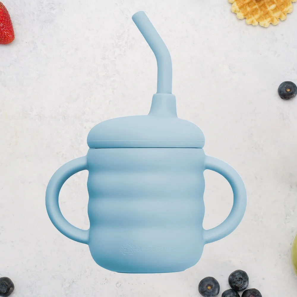 Cana din silicon cu pai Aqua Blue 6 luni+, 1 bucata, Appekids