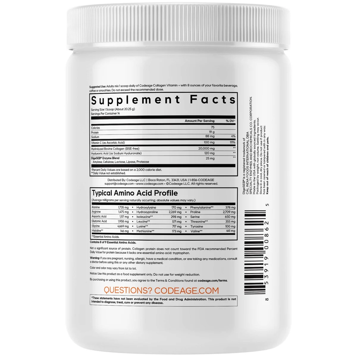 Collagen Vitamin C+ Colagen hidrolizat cu vitamina C si Acid Hialuronic, 283g, CodeAge