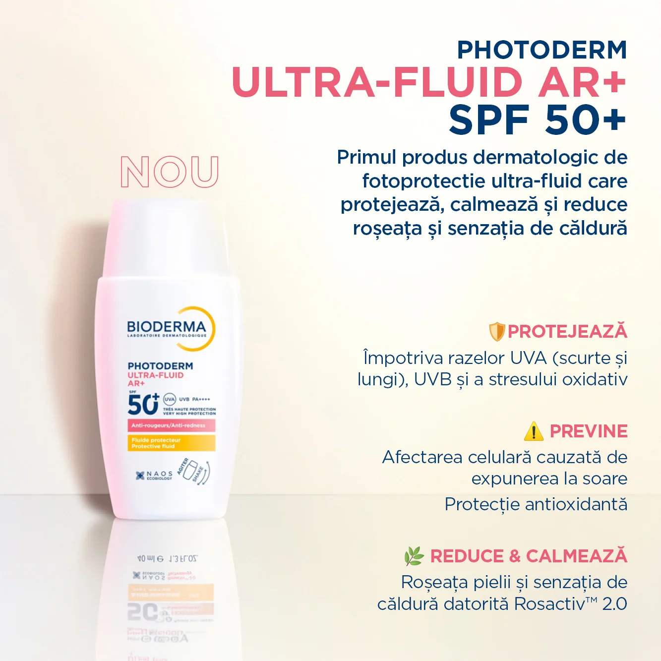 Photoderm Ultra-Fluid AR+ SPF50+ protejeaza, previne, reduce si calmeaza.