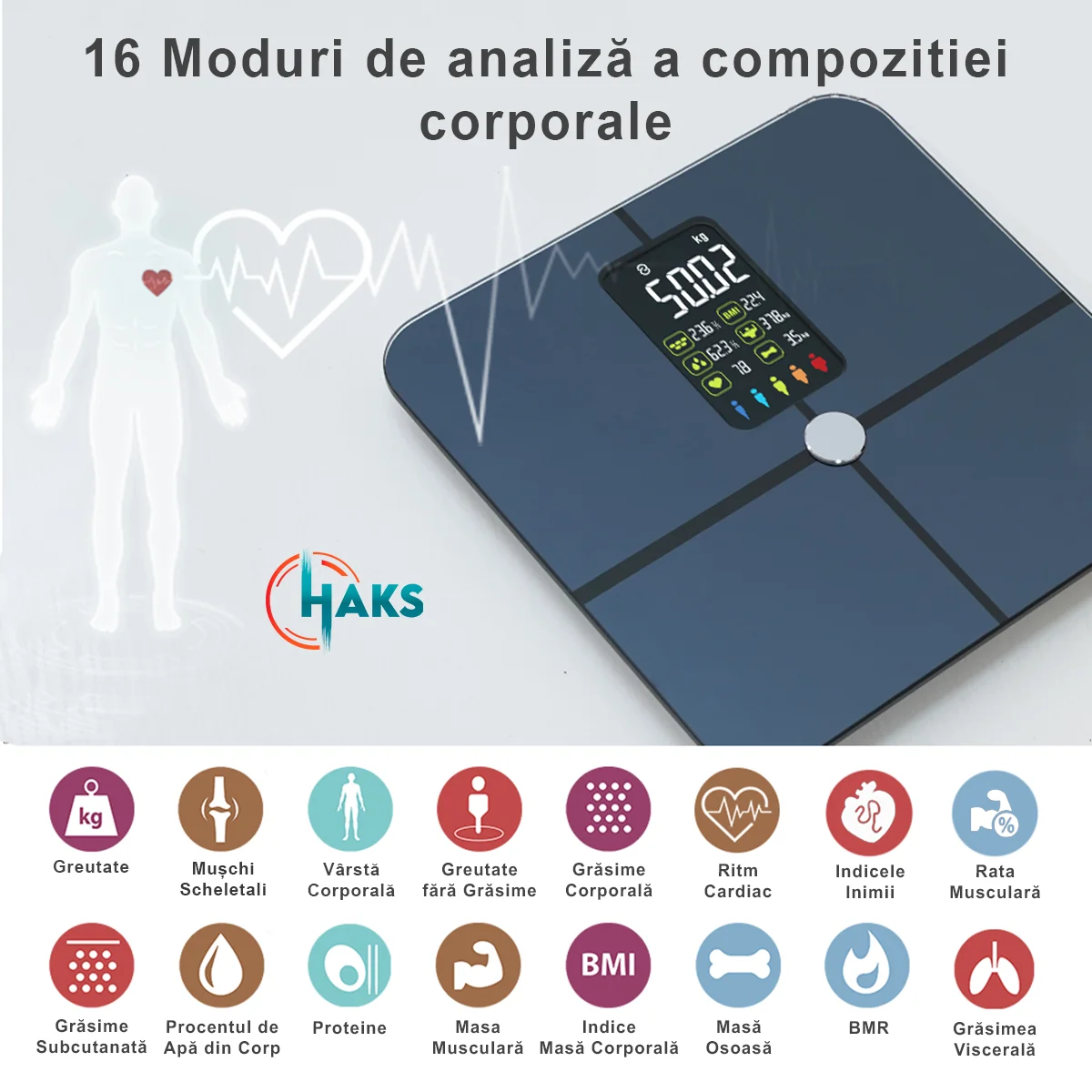 Cantar inteligent pentru analiza compozitie corporale, 1 bucata, Haks