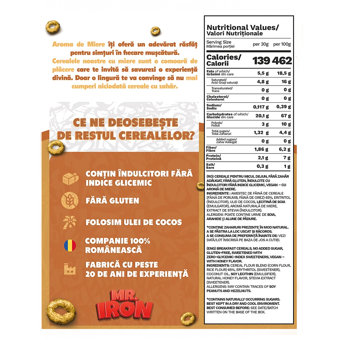 Cereale din ovaz fara zahar si fara gluten Miere inghetata, 250g, Mr. Iron 