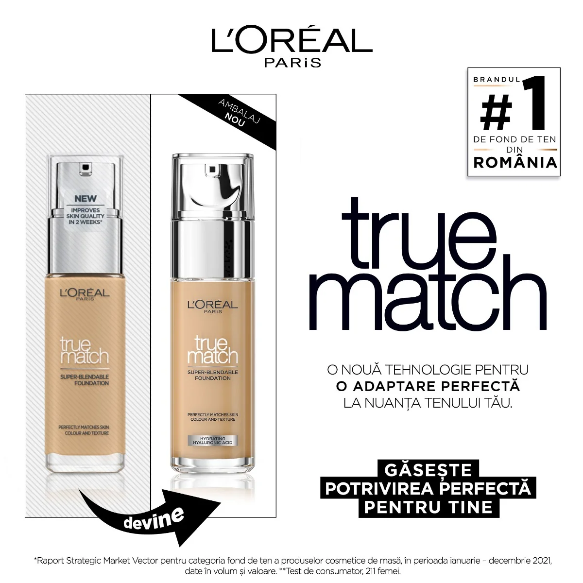 Fond de ten infuzat cu acid hialuronic True Match 3N Cream Beige, 30ml, L'Oreal Paris