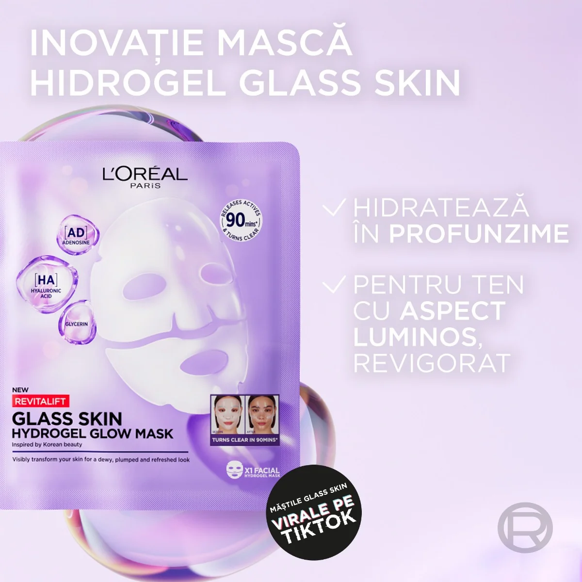 Masca hidrogel pentru iluminare Revitalift Glass Skin, 25g, L'Oreal Paris