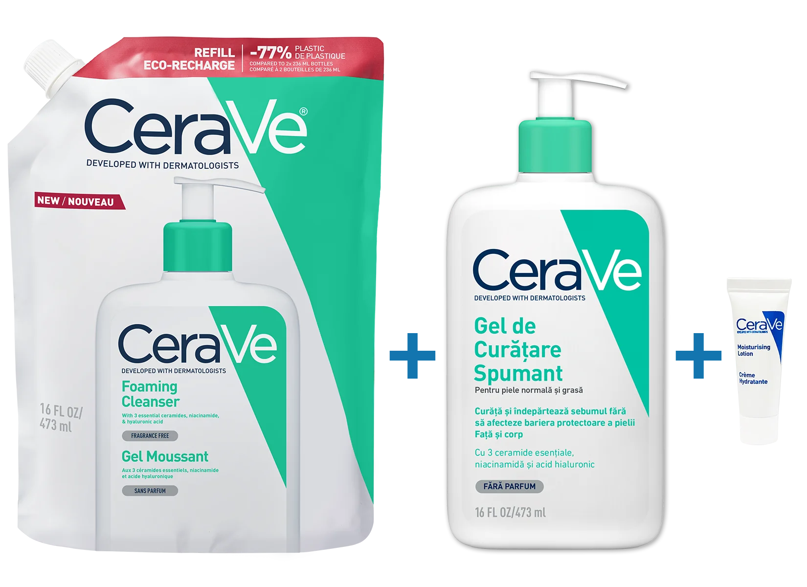 Pachet Gel spumant de curatare 473ml + Refill Gel spumant de curatare 473ml + Lotiune hidratanta 5ml, CeraVe