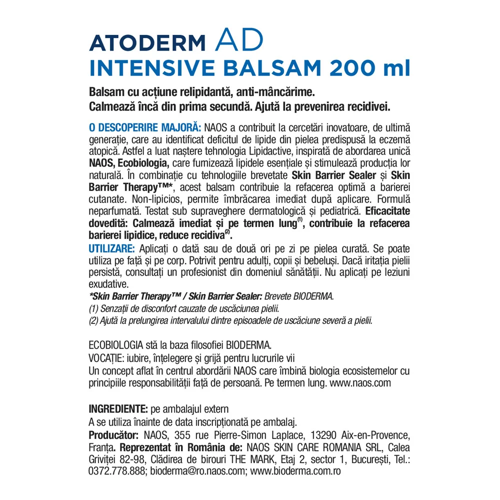 Balsam anti-mancarime pentru fata si corp Atoderm AD Intensive, 200ml, Bioderma