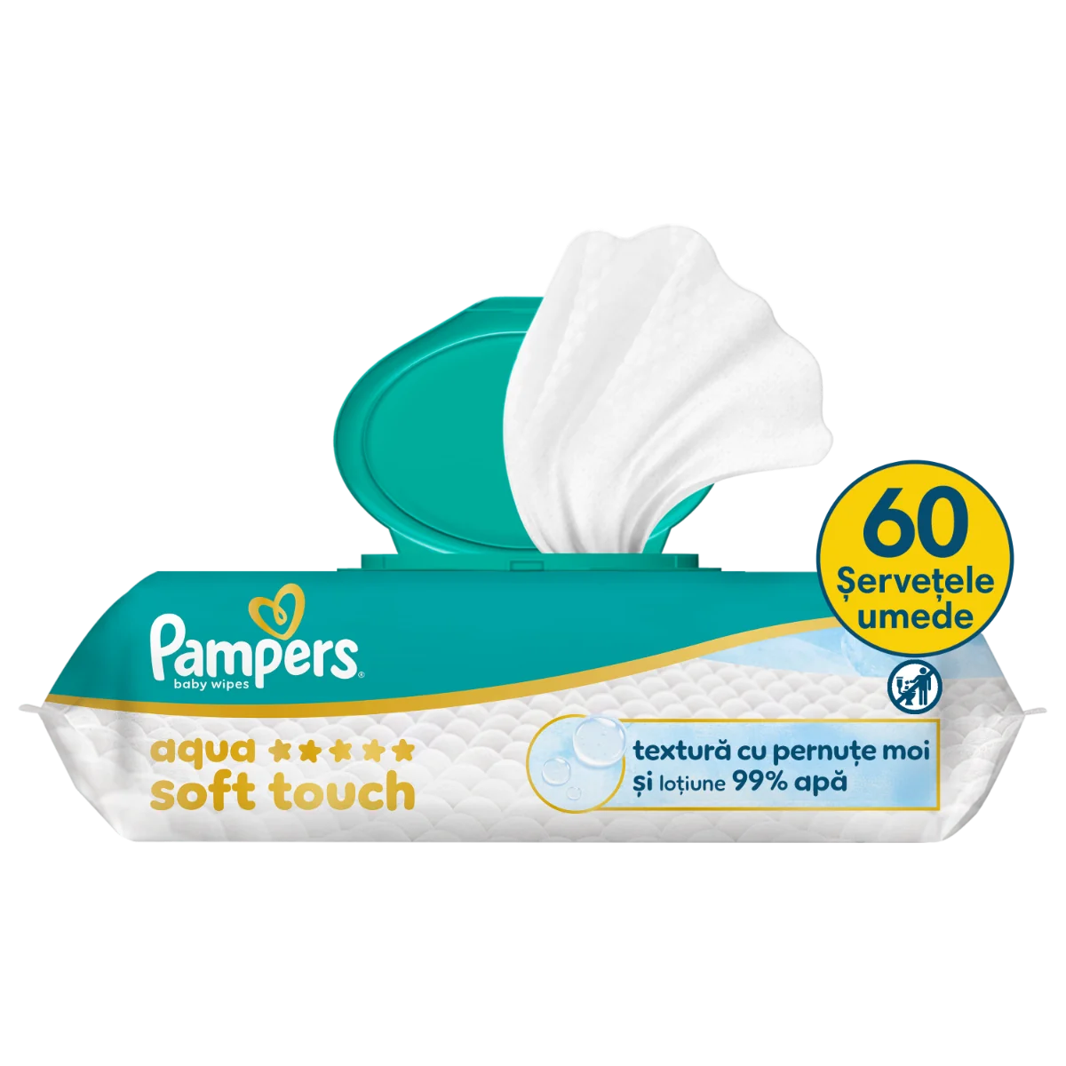Servetele umede cu 99% apa si lotiune usoara Aqua Soft Touch, 60 bucati, Pampers