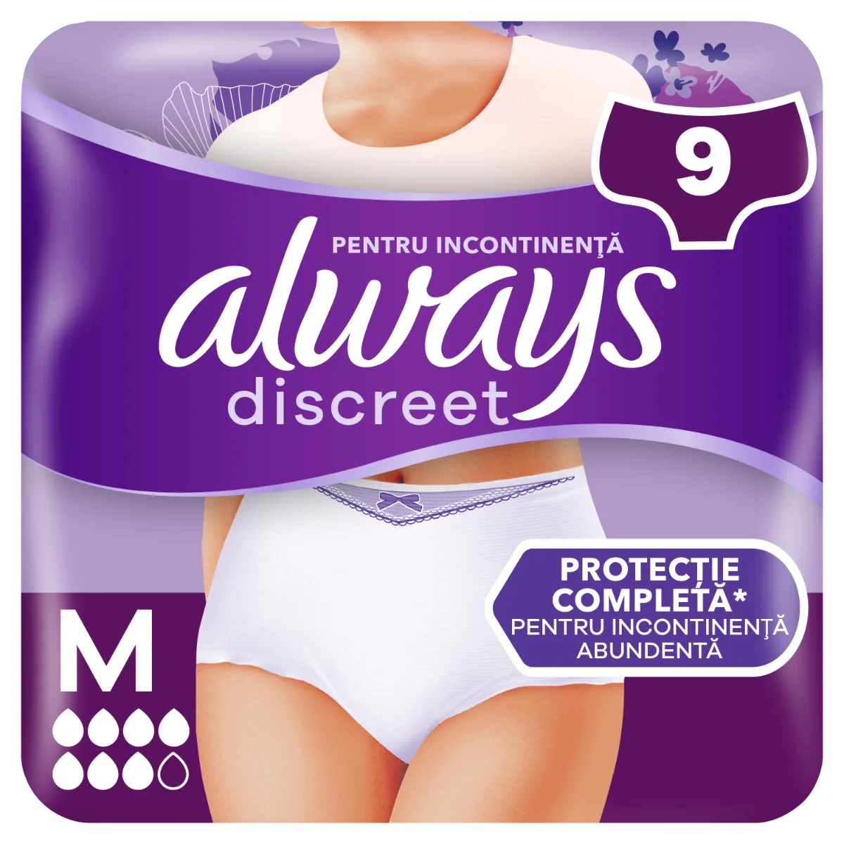 Chiloti pentru incontinenta urinara Discreet 7 picaturi M, 9 bucati, Always