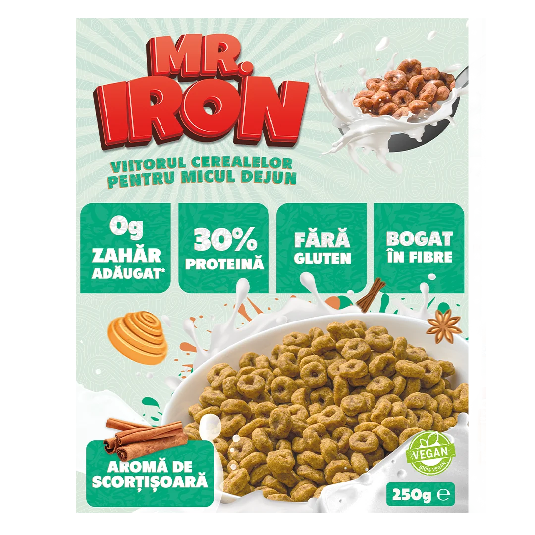 Cereale cu 30% proteina fara zahar low-carb gluten free si vegane Scortisoara, 250g, Mr. Iron