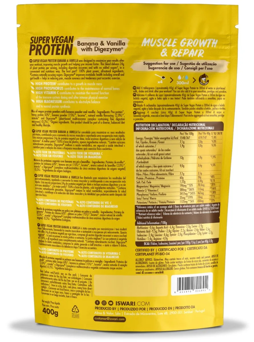Proteina Super Vegan bio banane si vanilie cu DigeZyme, 400g, Iswari 