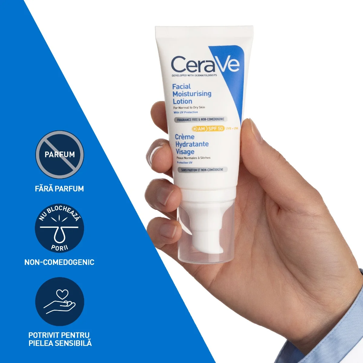 Crema hidratanta pentru ten normal-uscat cu SPF50, 52ml, CeraVe