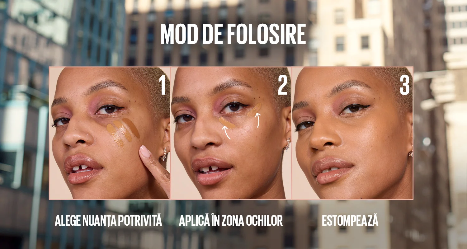 Mod de folosire corector, aplicare pas cu pas in zona ochilor, cu rezultat uniform. Mod de folosire corector, aplicare pas cu pas in zona ochilor, cu rezultat uniform.