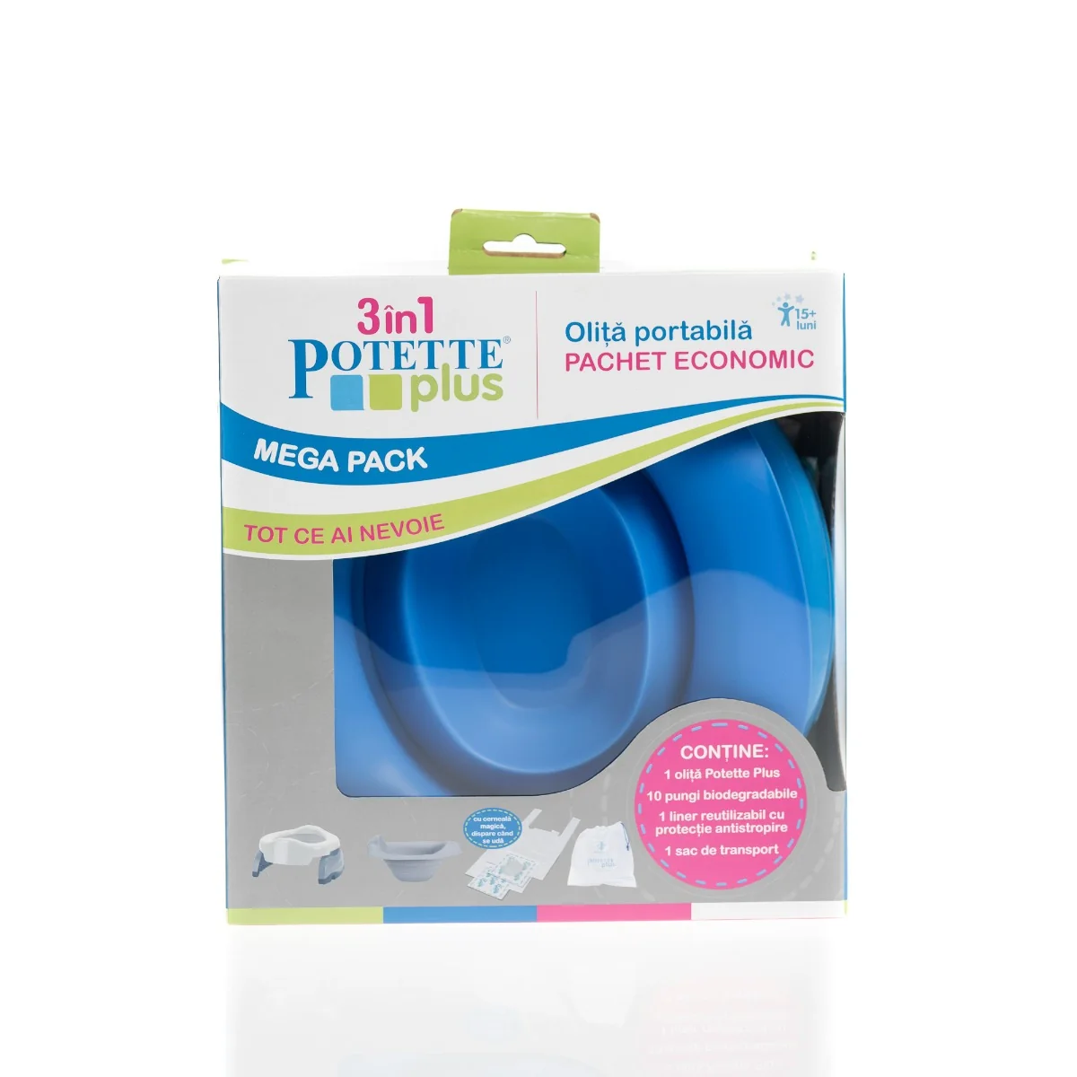 Set Albastru 3 in 1 Olita portabila + Liner + 10 saci biodegradabili, Potette Plus