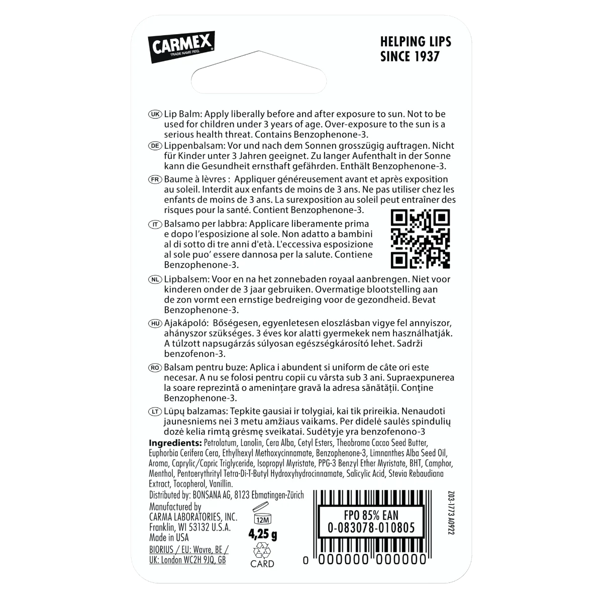 Balsam reparator pentru buze uscate cu vanilie, 4,25g, Carmex